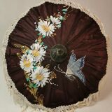 Ancienne ombrelle parapluie de poupée  en bois et tissus à fleurs époque 1950
motifs asiatiques