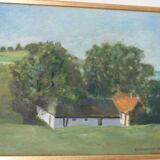 Original Swedish oil on canvas – “Landscape with Farm” by H. Engkvist – dated 1983 – vintage & framed – 41 × 50 cm (16.1" × 19.7")