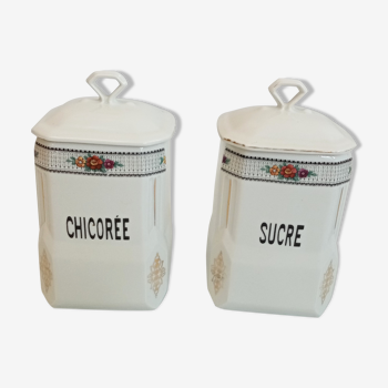 Lot de 2 pots à épices anciens en porcelaine Sucre et Chicorée