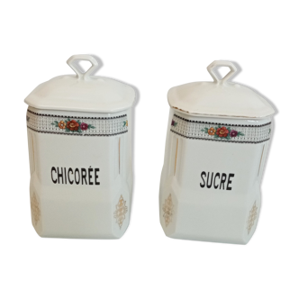 Lot de 2 pots à épices anciens en porcelaine Sucre et Chicorée