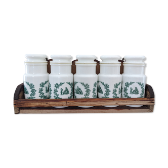 Étagère murale vintage ancienne bois et 5 pots d'apothicaires épicé