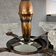 Art Deco period chandelier in copper-plated brass and molded pressed glass, circa 1940