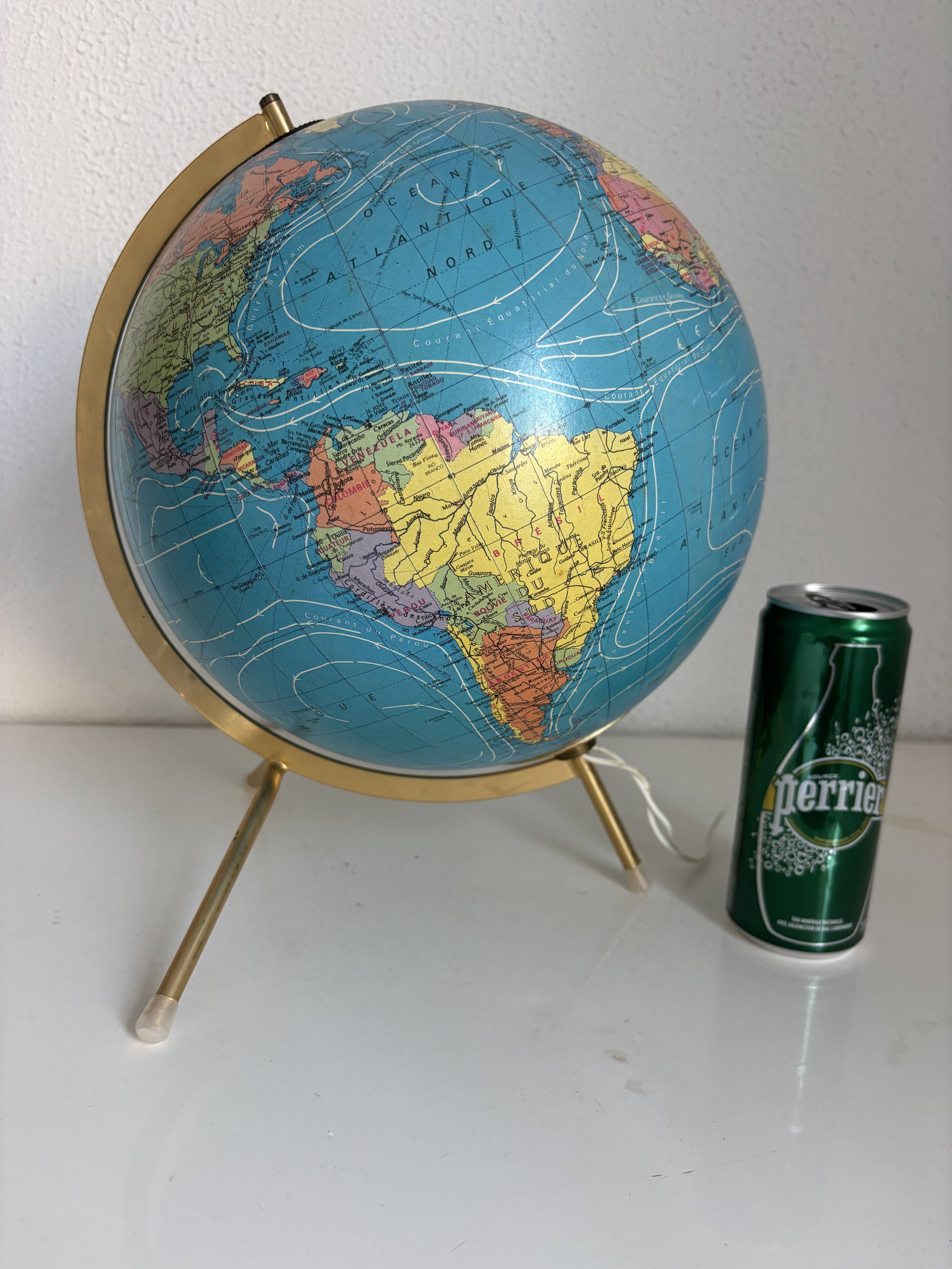 Globe vintage 1975 terrestre verre tripode doré Taride - 32 cm