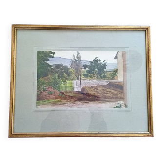 Aquarelle - vue d'un jardin situé à Peney (canton de Genève) - daté 1879