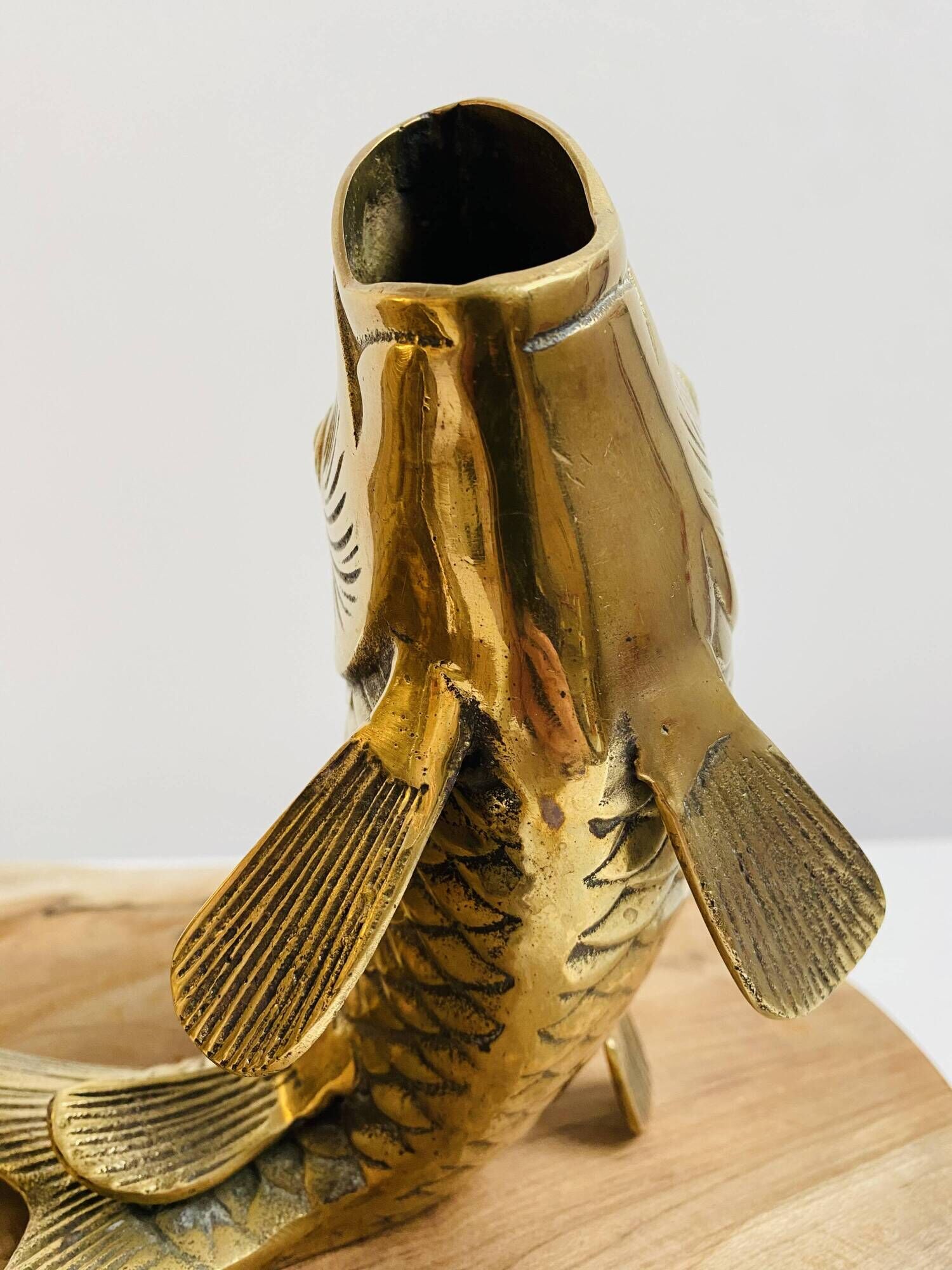 Pair of koi carp vases in brass, animal sculpture