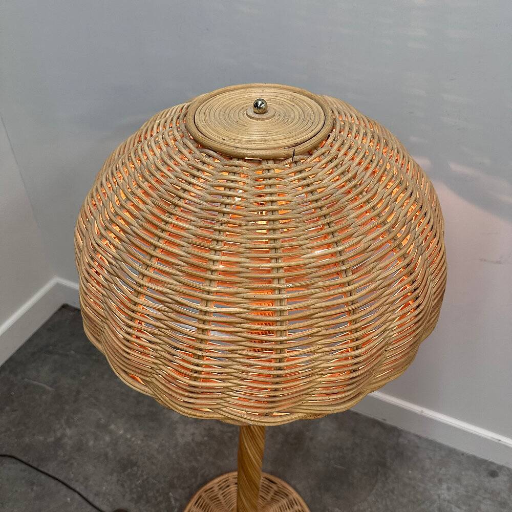 Large French rattan floor lamp, mushroom shade, vintage wicker standing lamp