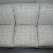 Howard & Sons canapé with feather cushions and ticking fabric, Victorian style.