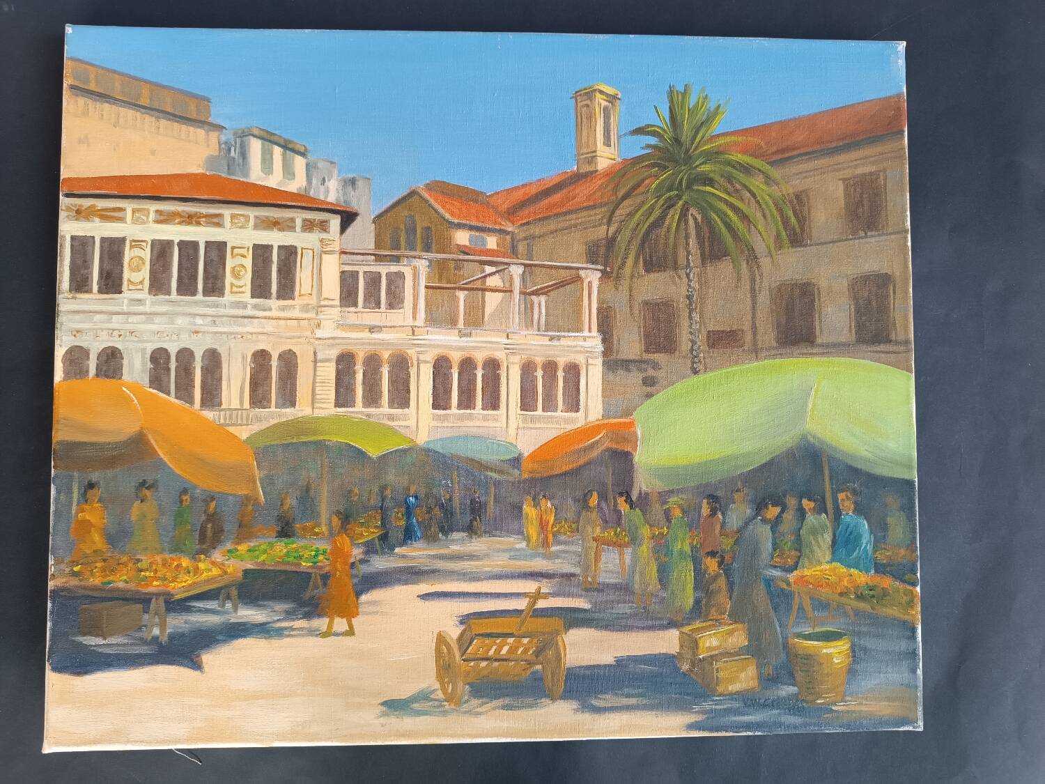 Original oil painting, Provençal market in Nice, France, Grether, 1948