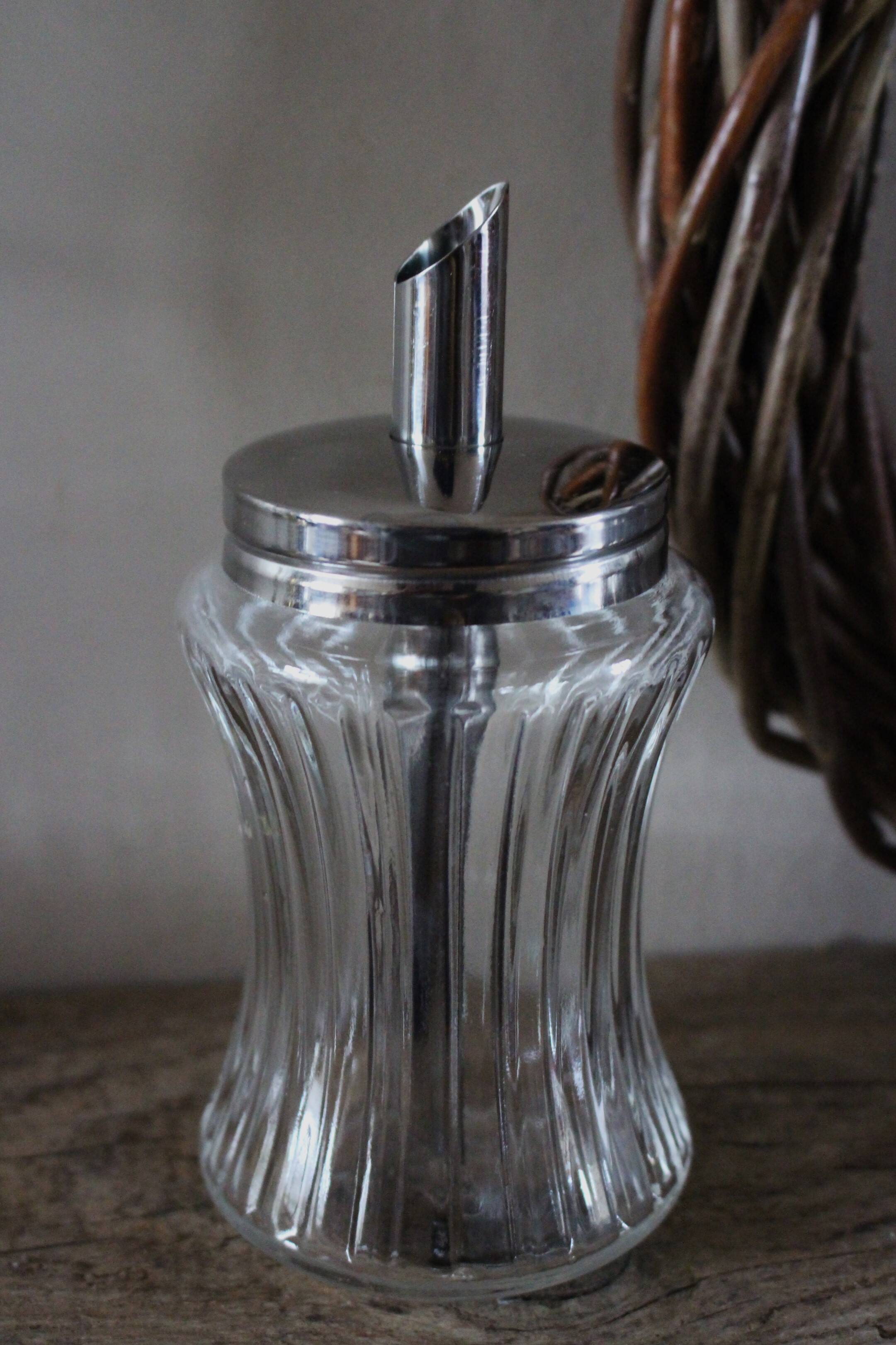 Vintage glass sugar bowl with metal spout
