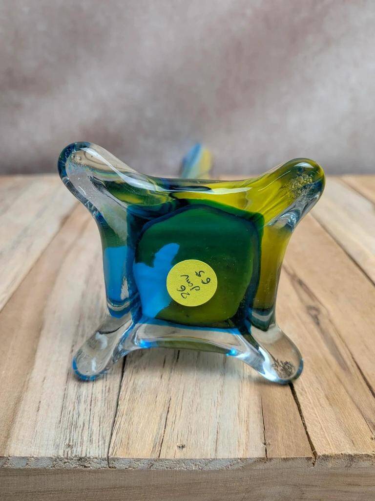 Vintage glass vase in blue and yellow Murano style.