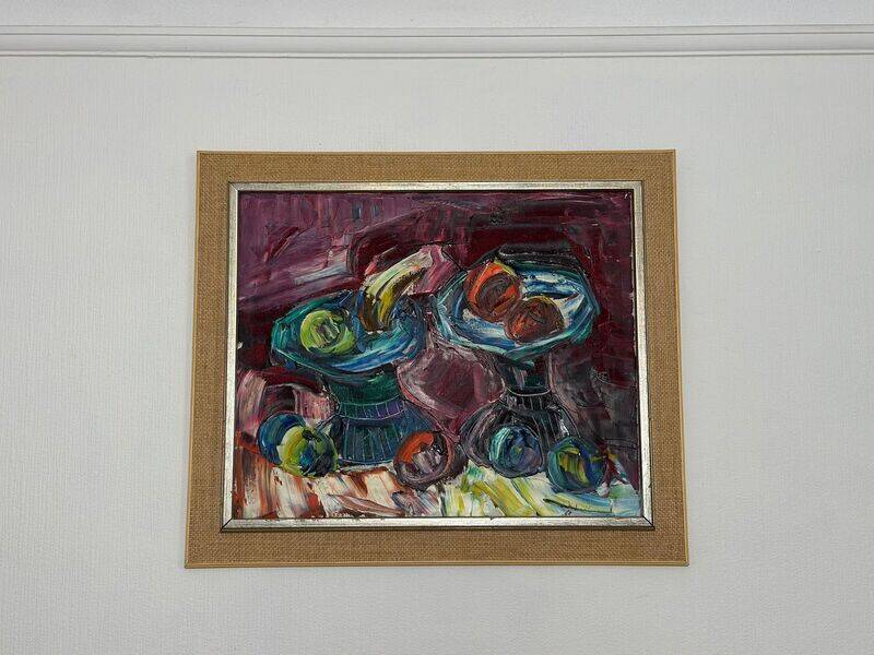 Original mid-century European oil on canvas – “Still Life” by Roy – dated 1969 – vintage & framed – 75 × 64 cm (29.5" × 25.2")