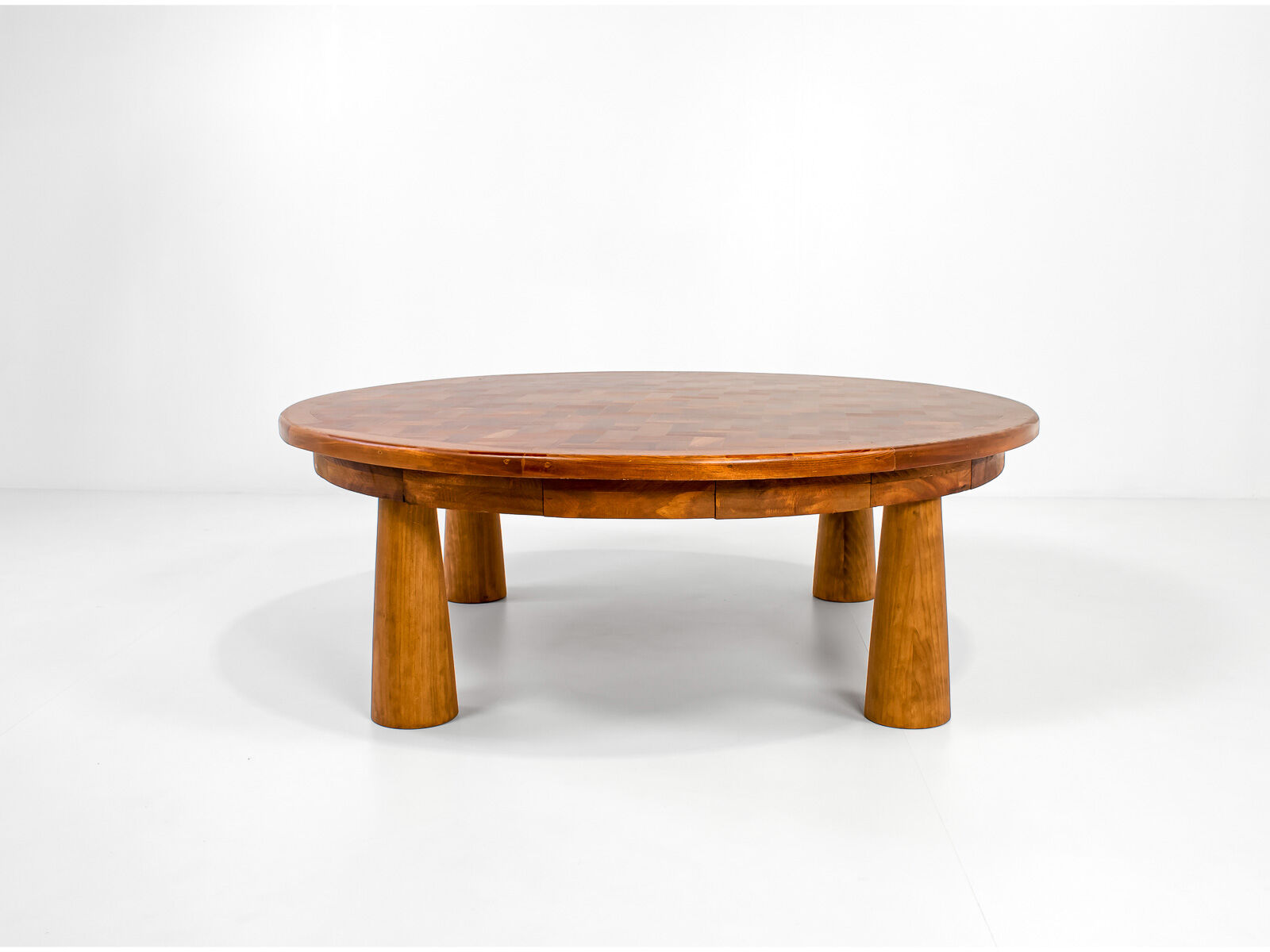 Round parquet coffee table with conical legs, spain