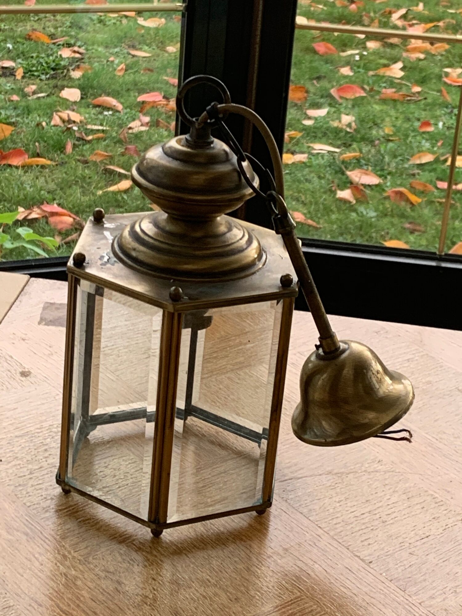 Brass suspension light and vintage faceted glass