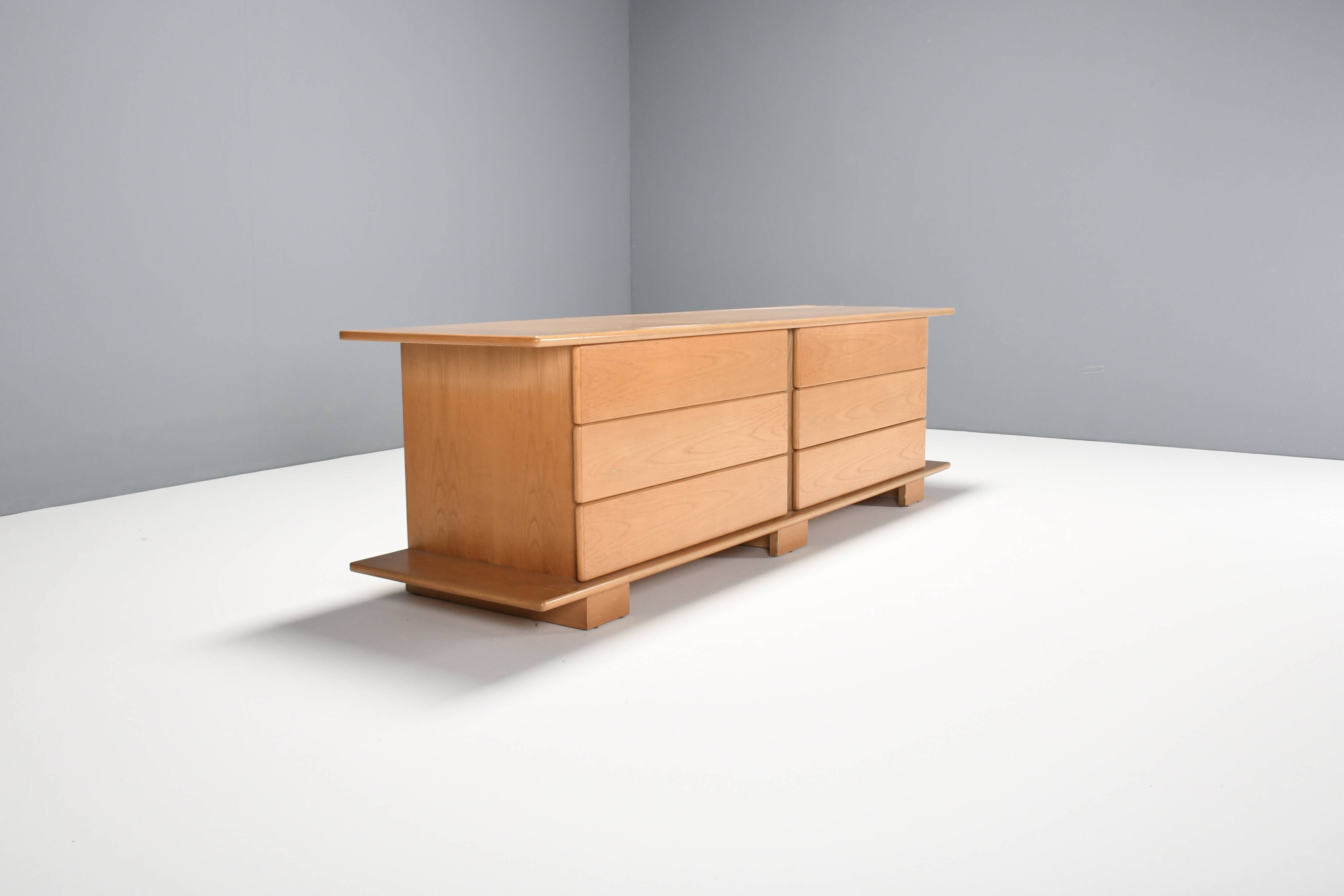 1970s Italian Sideboard in Beech Veneer with Six Drawers