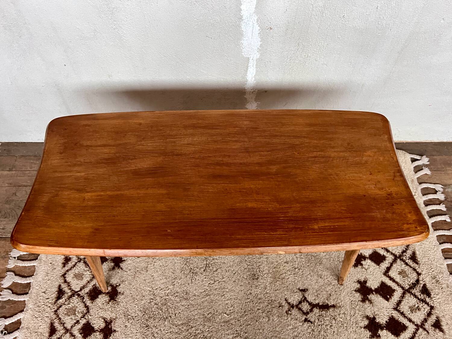 Oak coffee table, foot, compass. rockets. free form vintage old