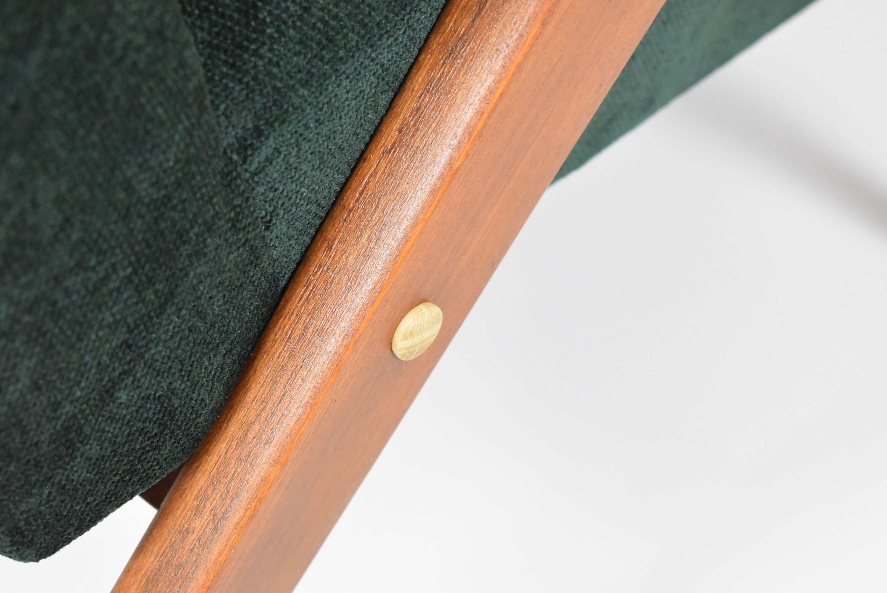 Restored compas armchair, green forest fabric, teak wood, 1960