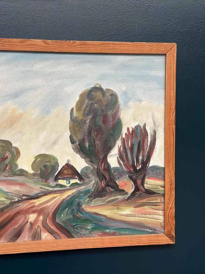 Original Mid Century Swedish Oil On Panel – “Path” By J.A. – Vintage & Framed – 74 × 60 Cm