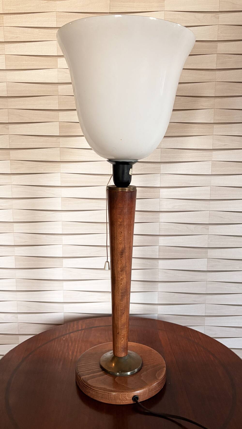 Vintage Unilux lamp in wood and opal glass, Scandinavian style.