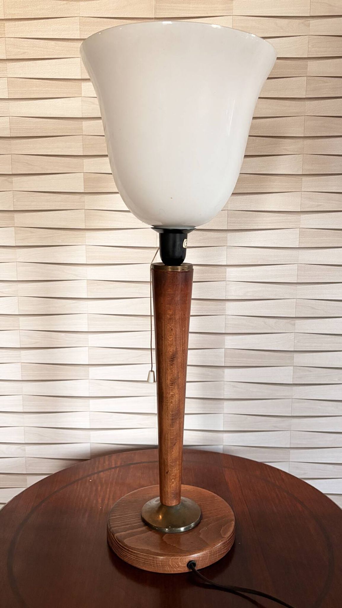 Vintage Unilux lamp in wood and opal glass, Scandinavian style.