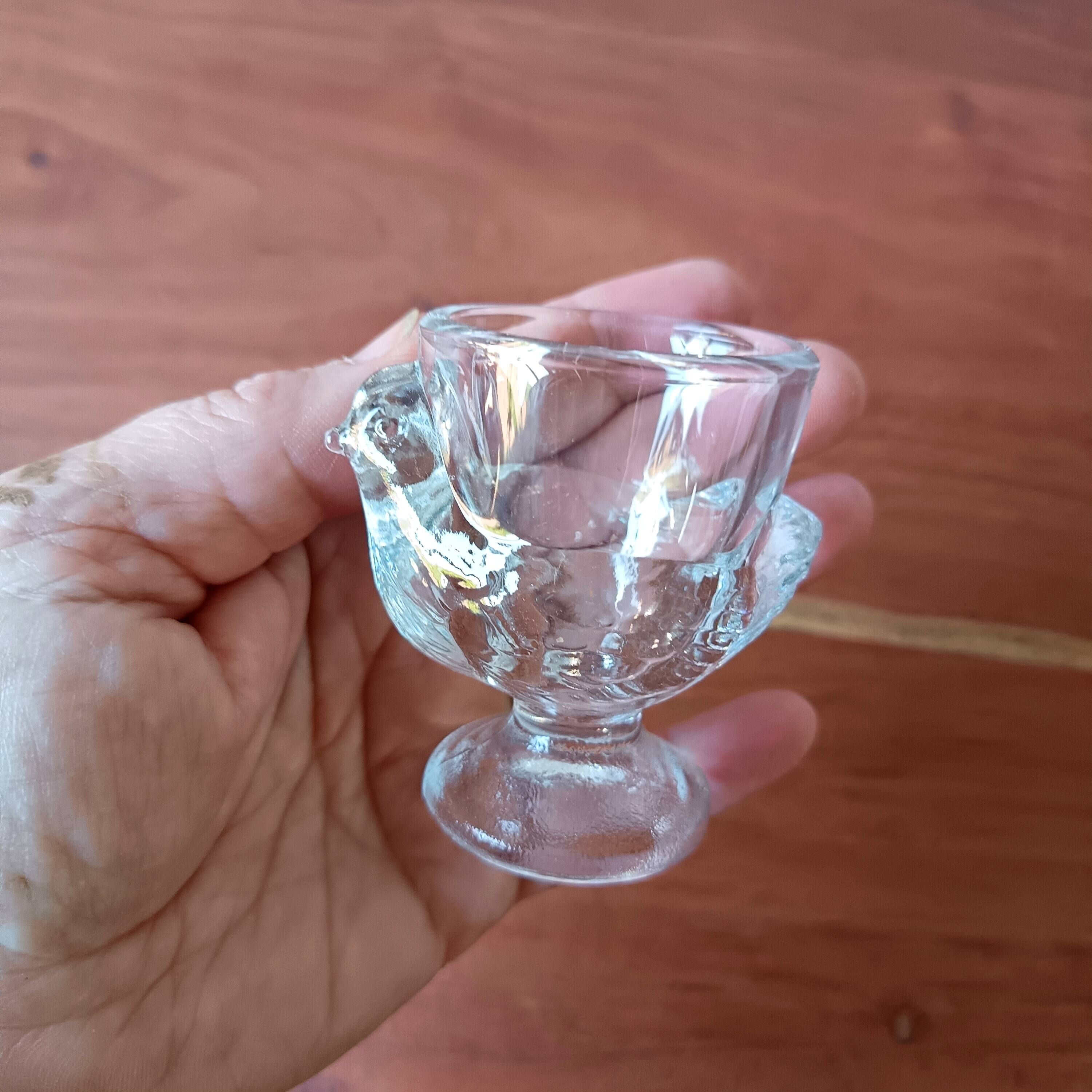 4 VINTAGE French egg cups, transparent glass, hen shape