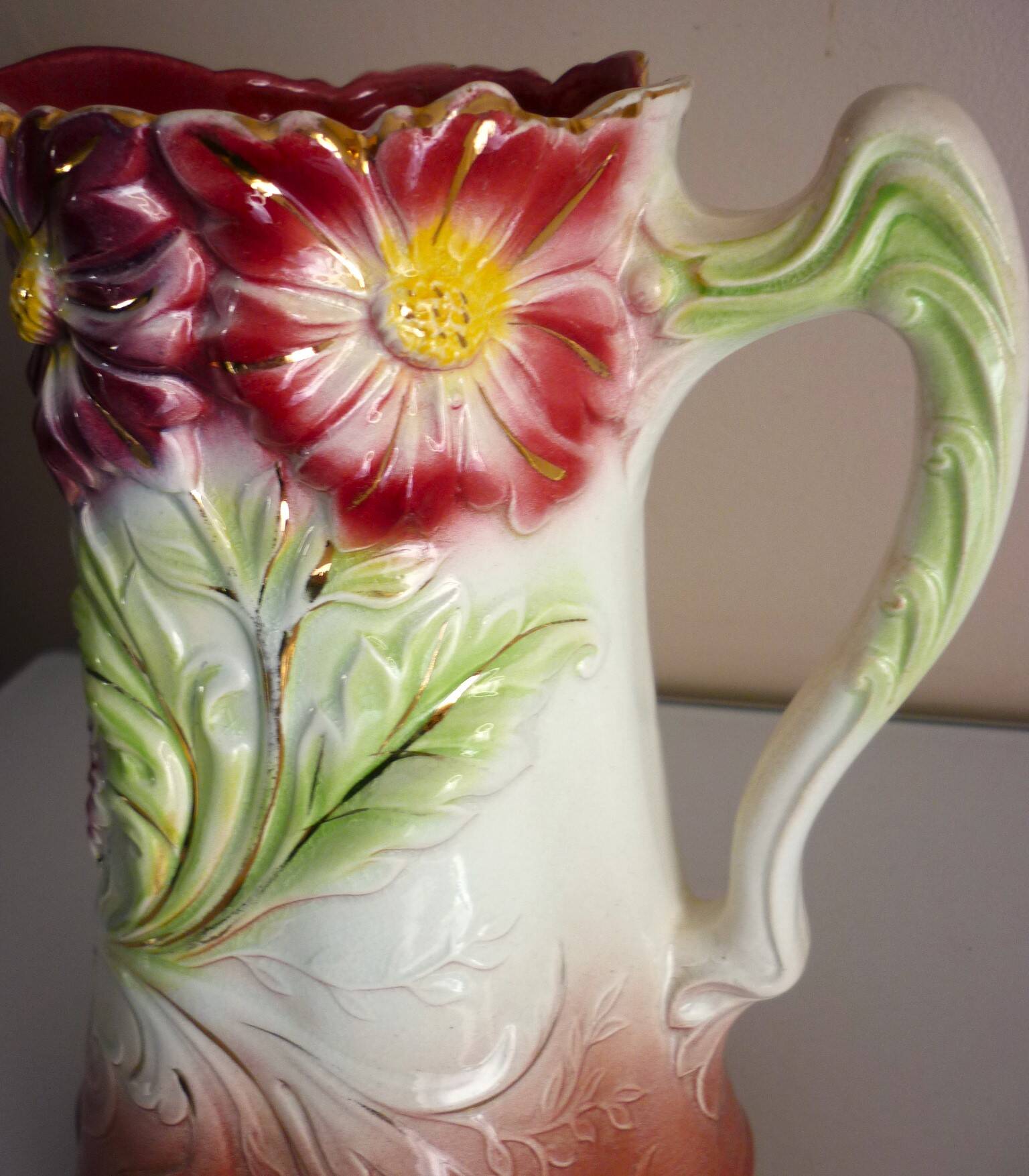 Barbotine pitcher, Onnaing earthenware, art nouveau ceramics, model no. 790