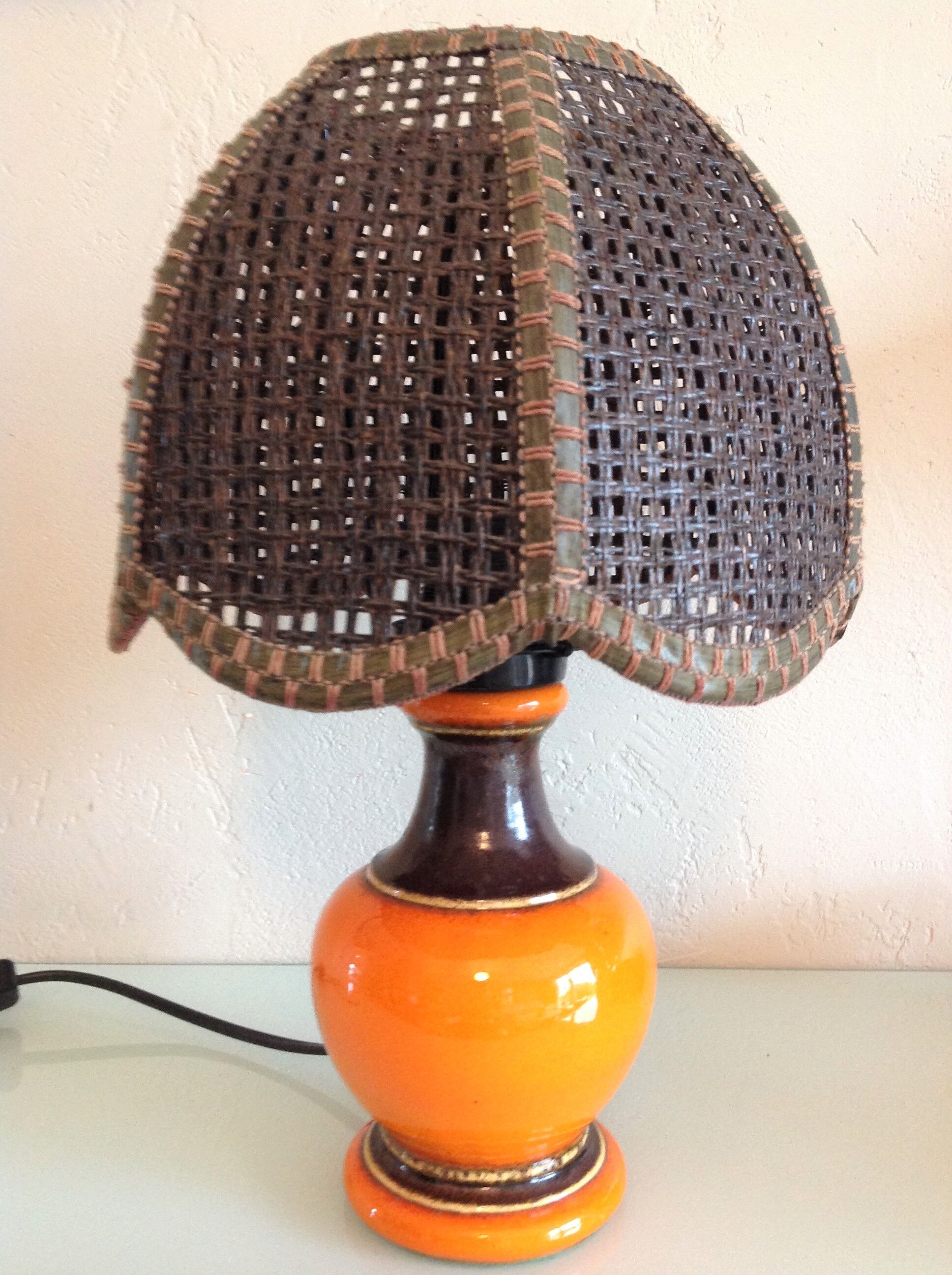 Orange ceramic lamp and brown canned lampshade by Pan Keramik / 60s-70s