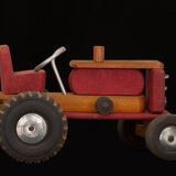 Tracteur et remorque jouet en bois Dejou vers 1960