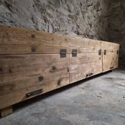 Old French industrial workshop furniture in pine / storage bench, circa 1880–1900