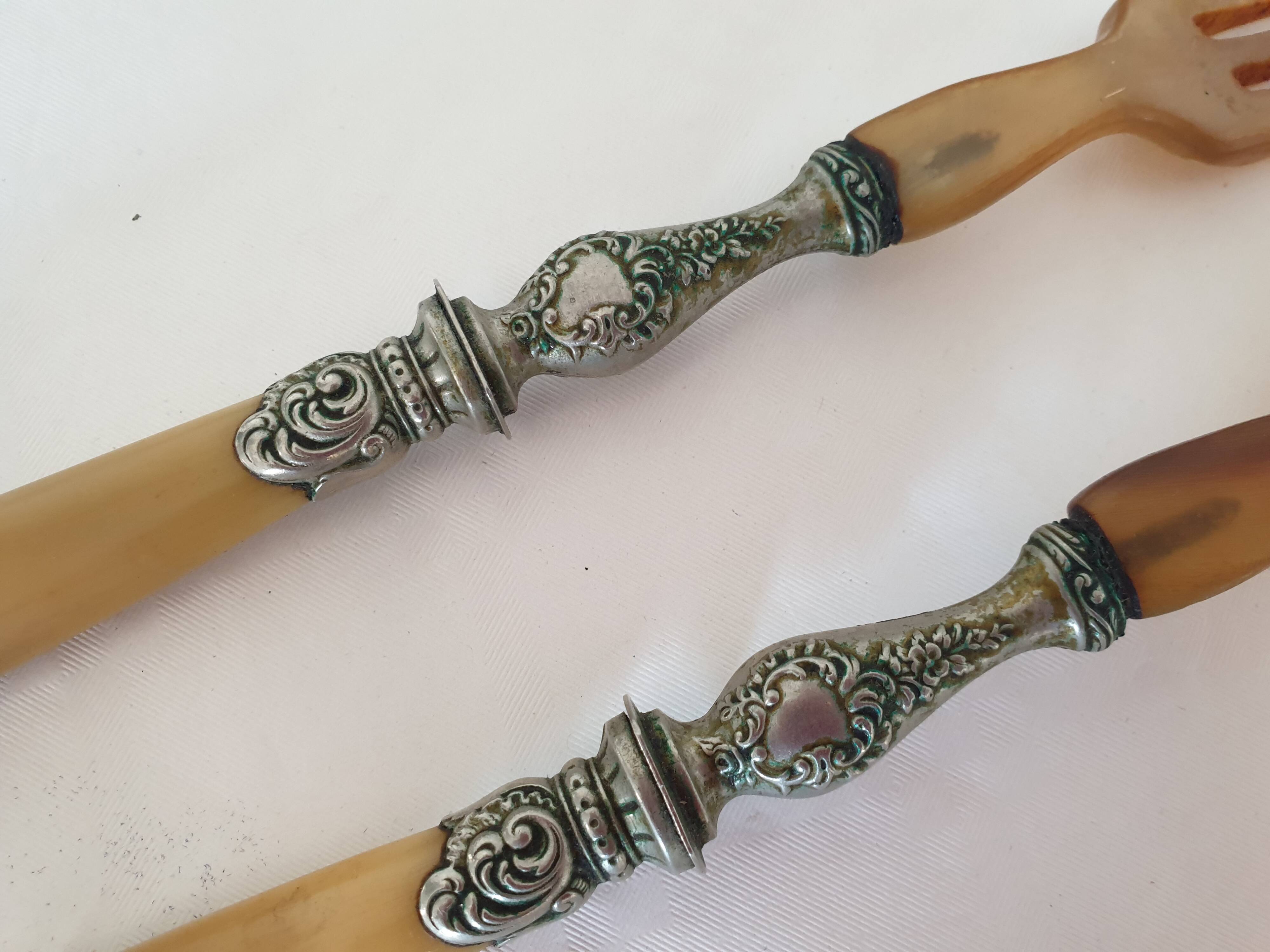Old horn + silver-plated metal salad servers in their case