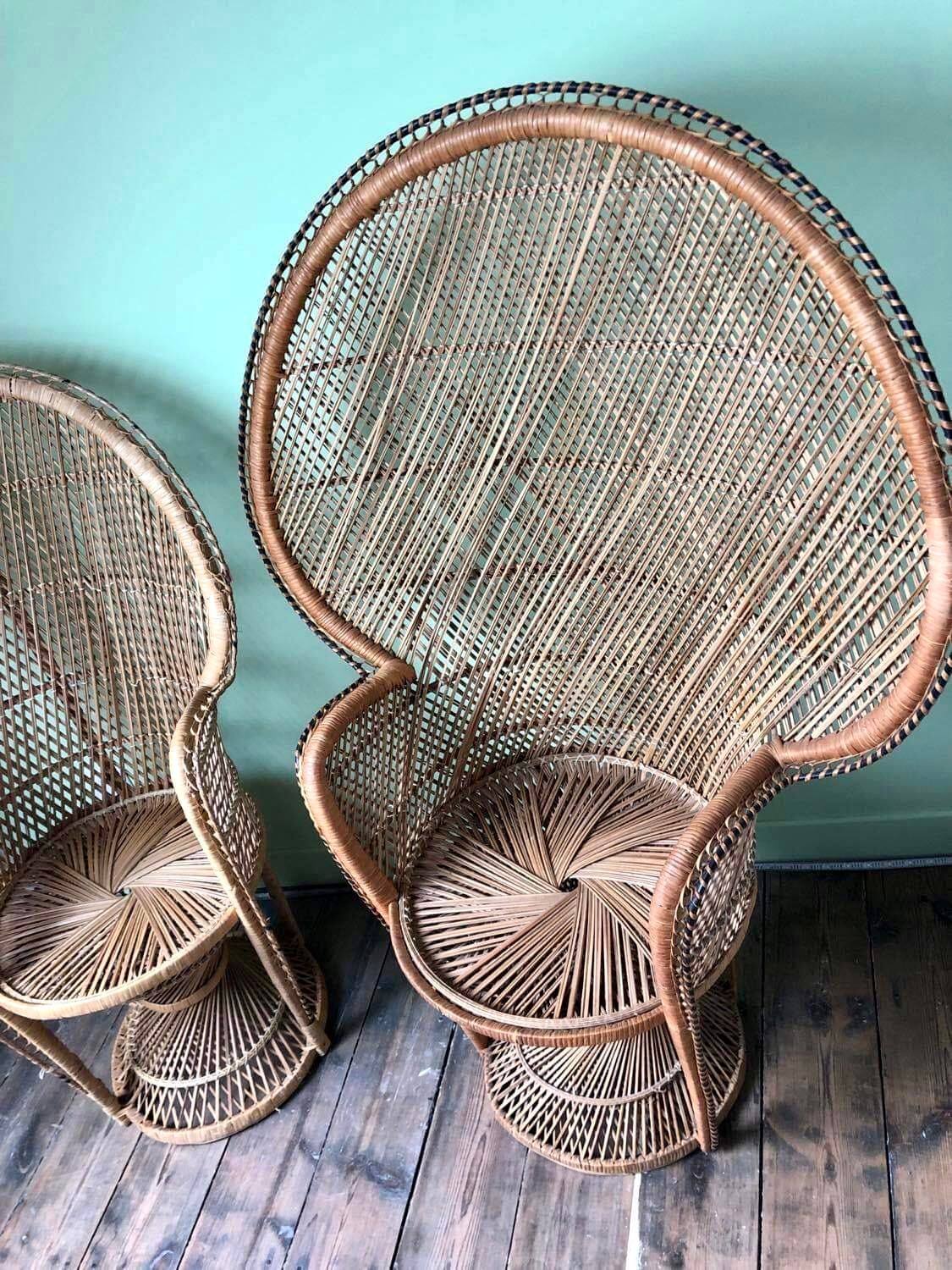 Pair of vintage Emmanuelle armchairs, antique peacock seating furniture