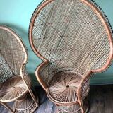 Pair of vintage Emmanuelle armchairs, antique peacock seating furniture