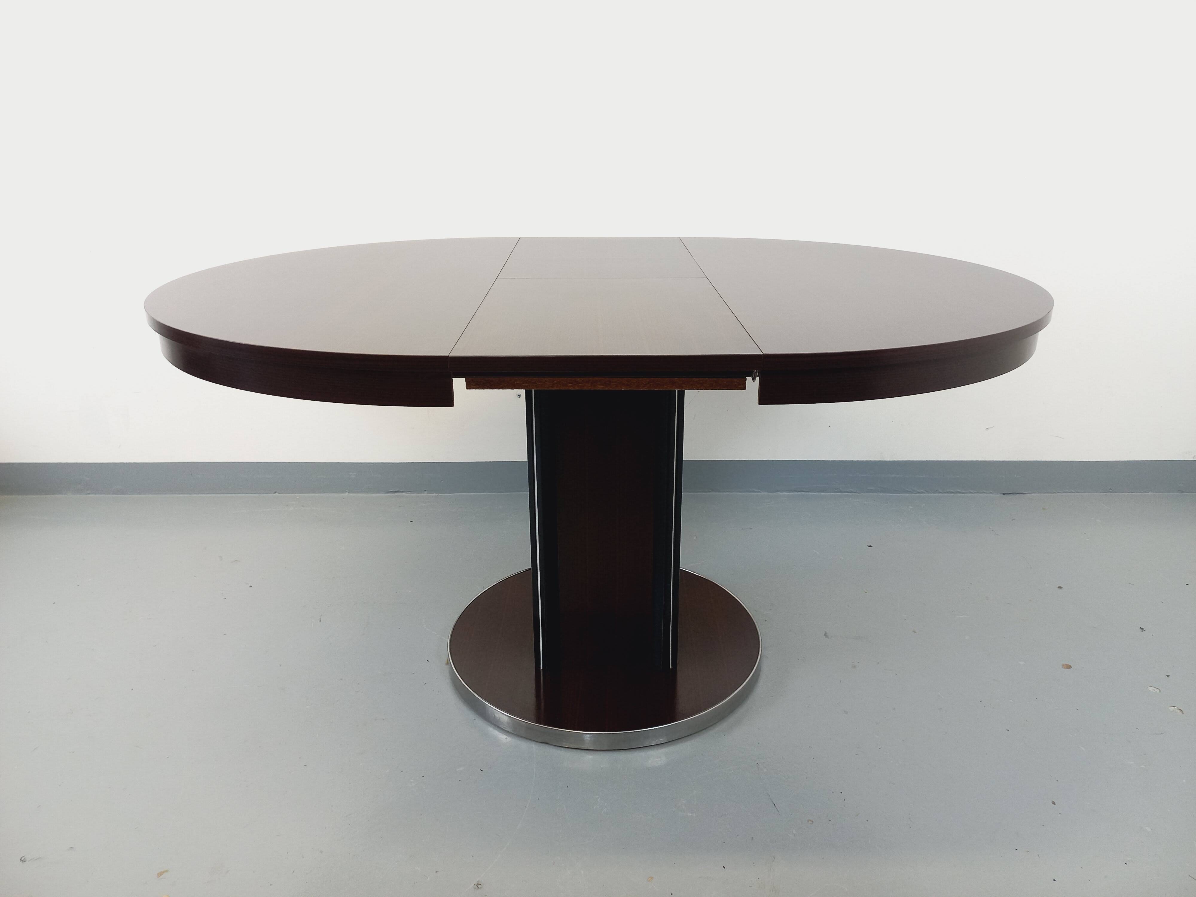 Table ronde de repas vintage en bois d’ébène et métal chromé Space Age