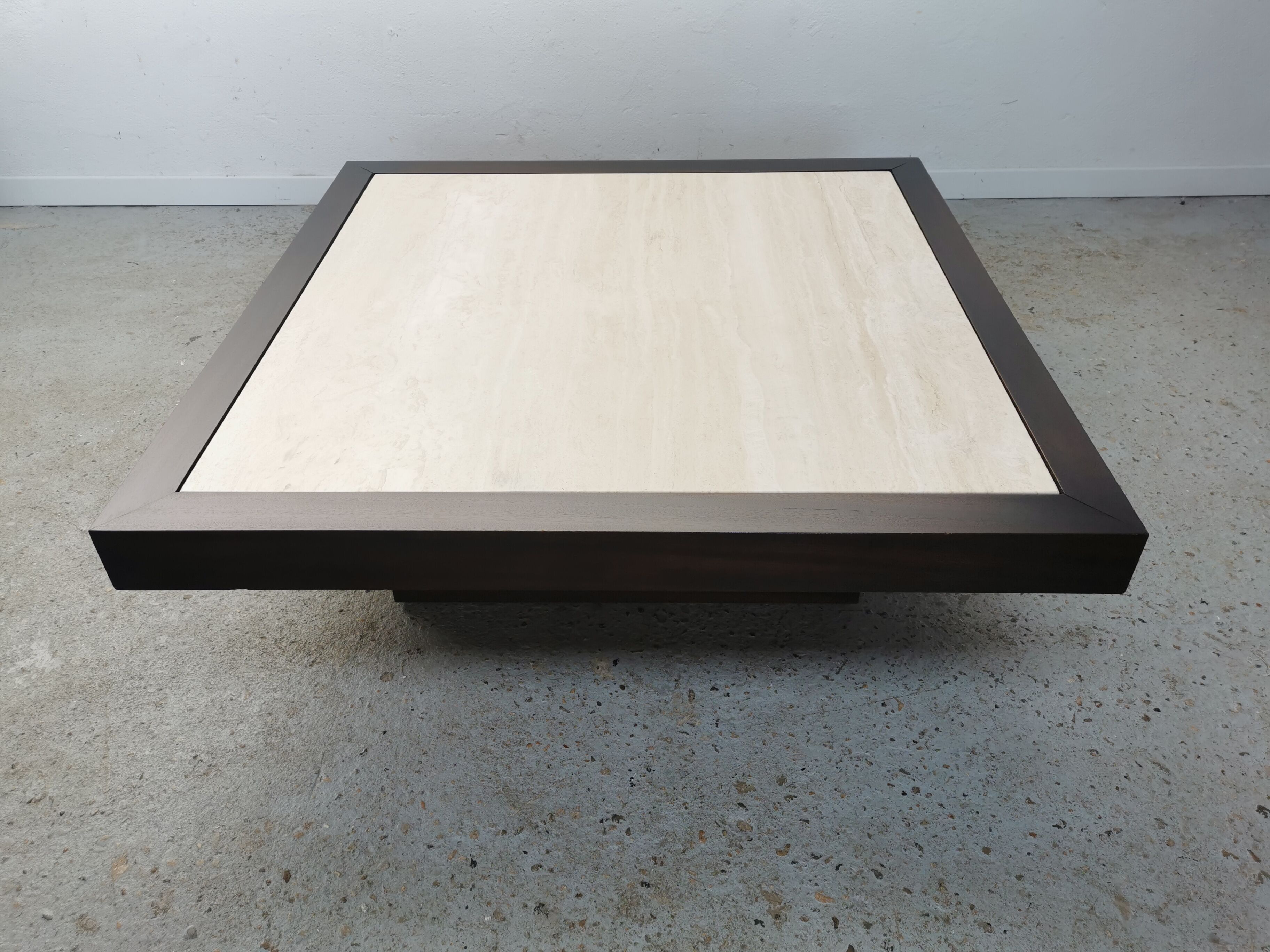Table basse vintage travertin et bois design 1970