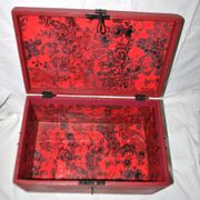 Vintage wooden trunk – toy chest or music box with painted stencil bird decoration.