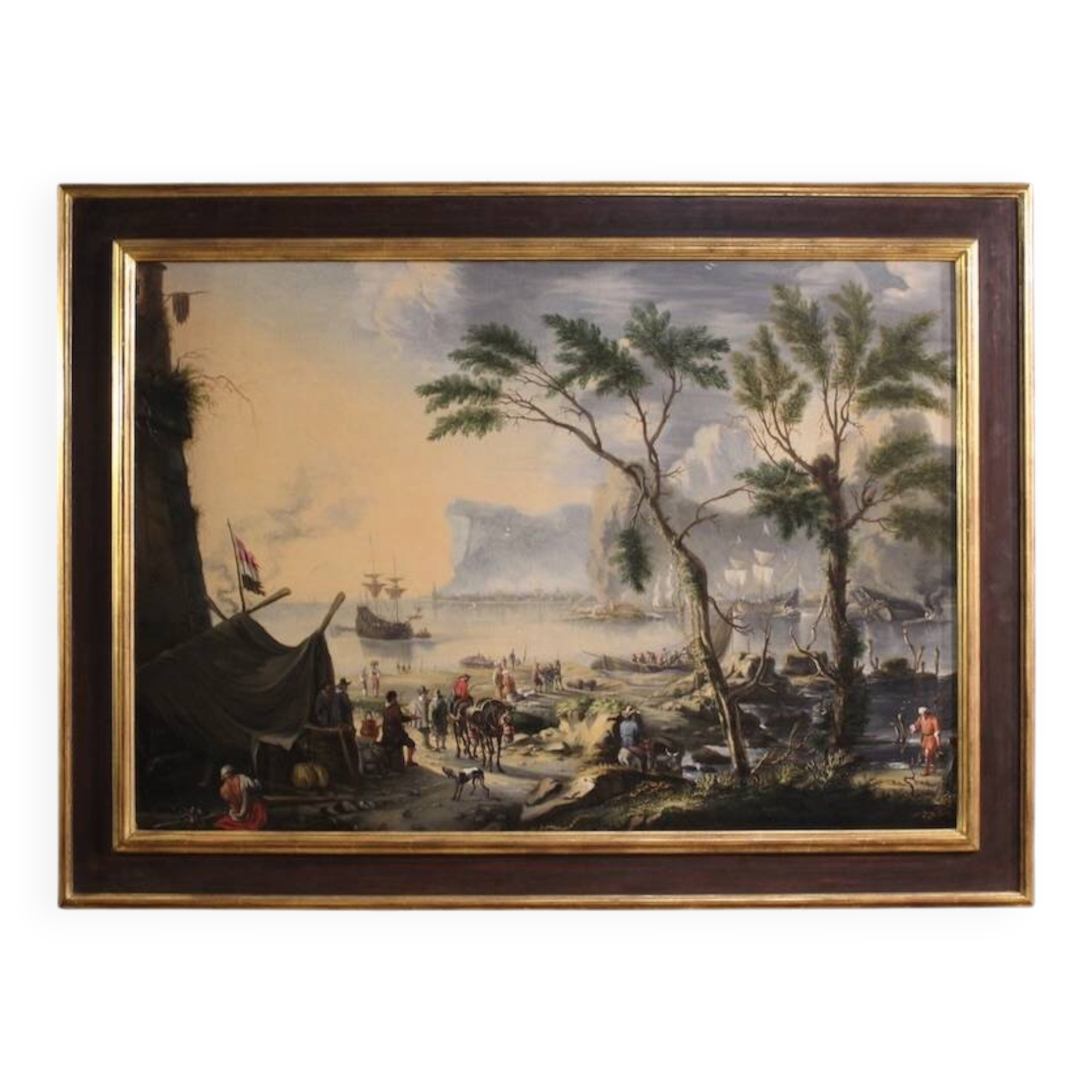 17th century Flemish painting, large landscape with sailing ships