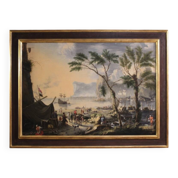 Peinture flamande du XVIIe siècle, grand paysage avec des voiliers.