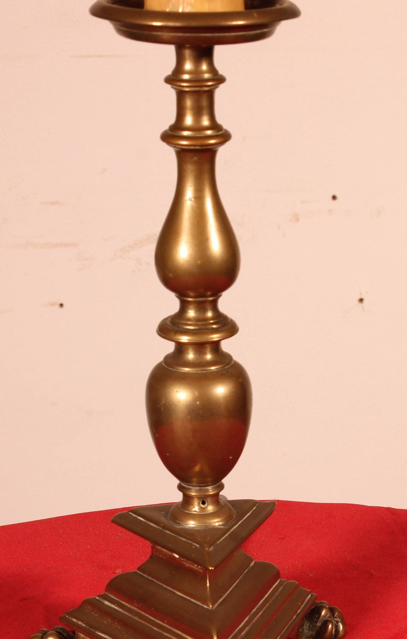 17th Century Bronze Candle Holder Mounted As A Lamp With Its Parchment Lamp