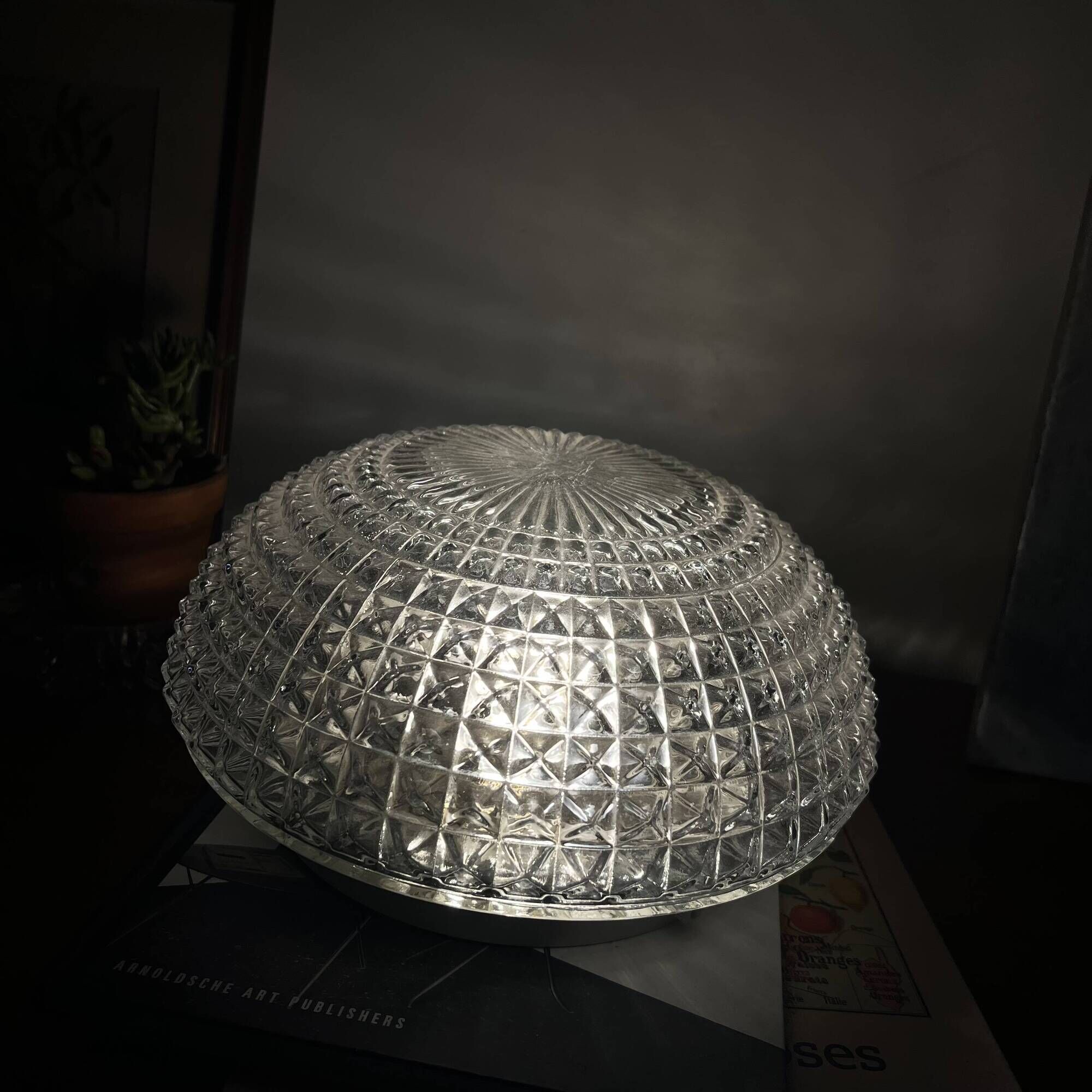 Large round wall lamp ceiling light in transparent vintage glass from the 1970s.
