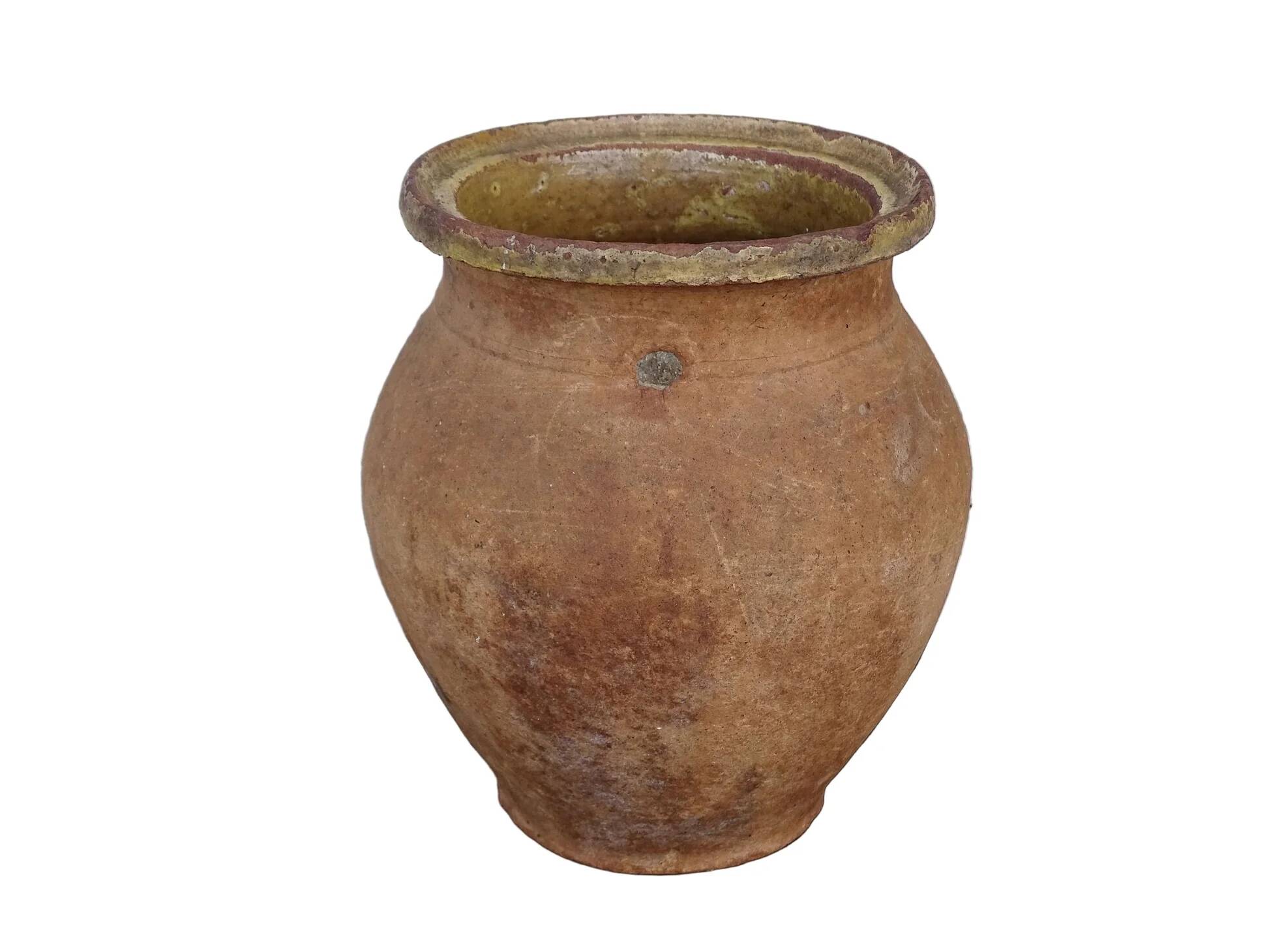 Cruche ancienne française en terre cuite à intérieur émaillé jaune