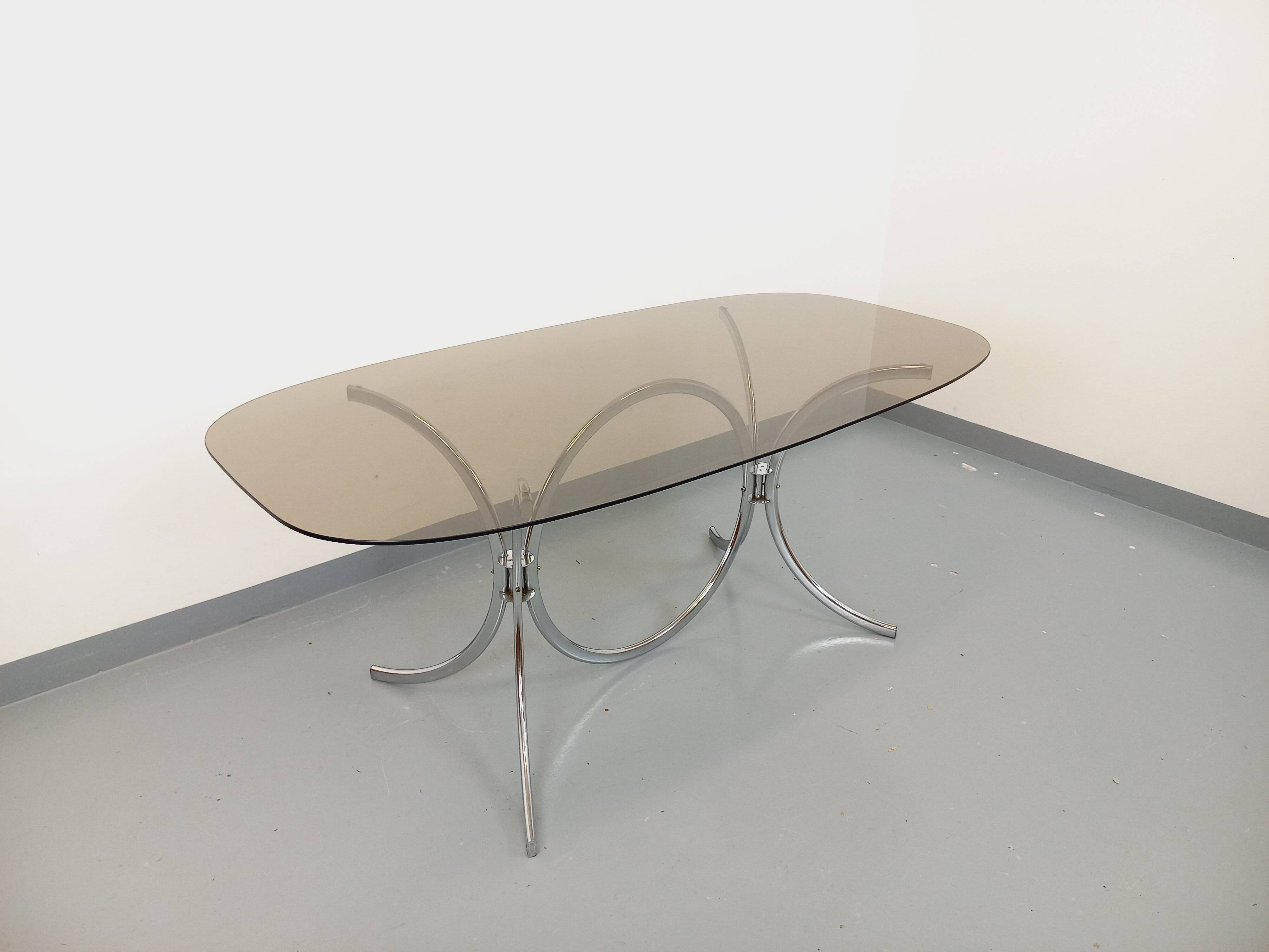 Vintage rectangular rounded dining table in smoked glass and chrome metal