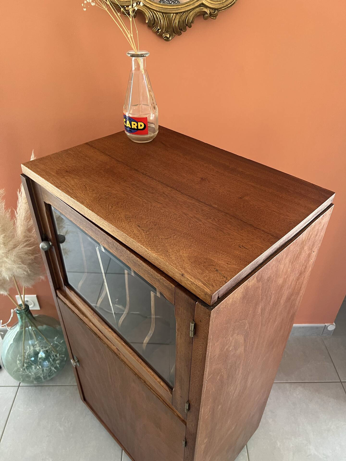 Vintage wooden furniture, vinyl storage, bookshelf, desk.