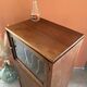 Vintage wooden furniture, vinyl storage, bookshelf, desk.