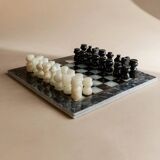Vintage Marble Chess Set in Black and Cream Stone with Hand-Carved Pieces, Italian 1960s