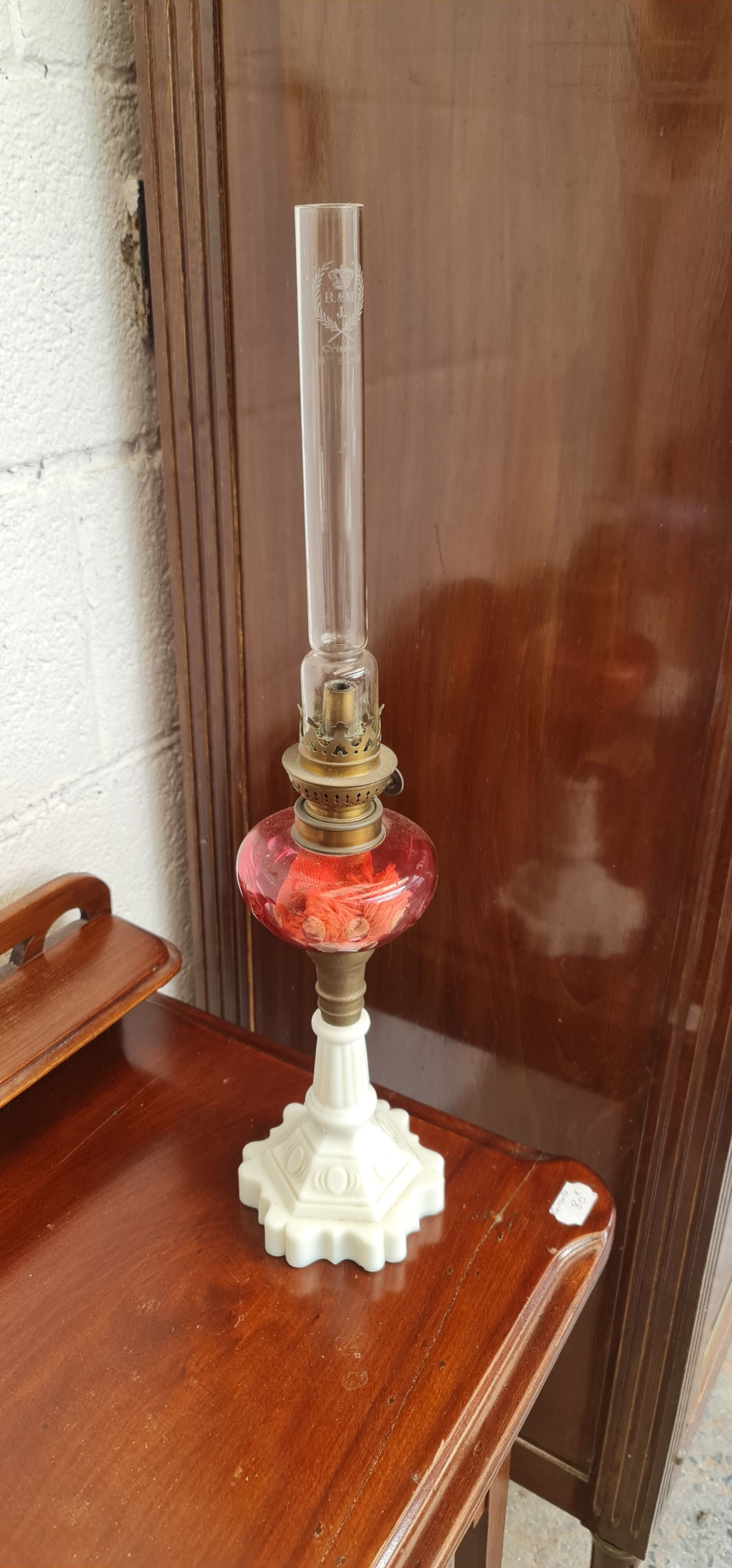 Old kerosene lamp foot albatre body crystal pink