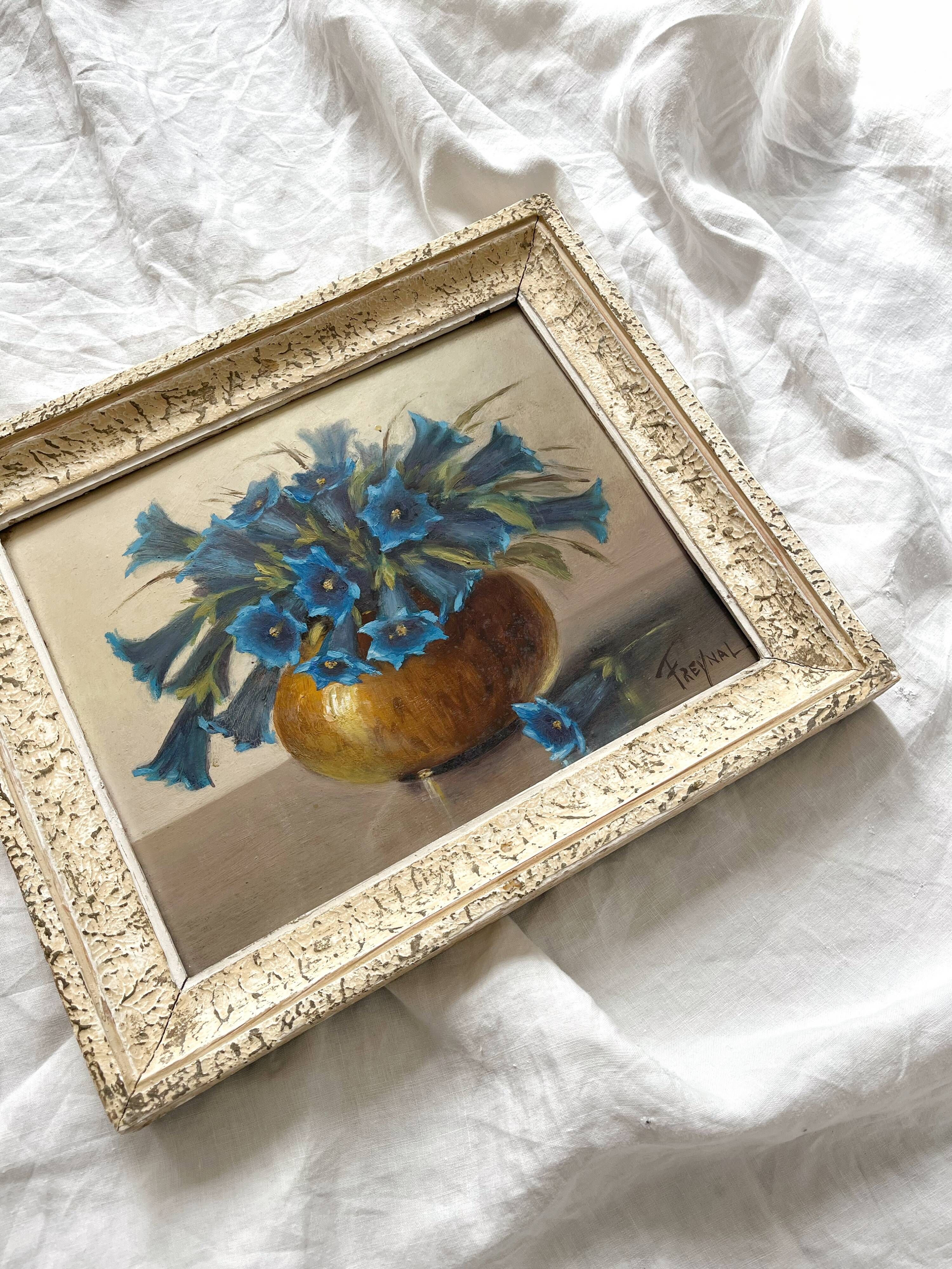 Old painting framed painting bouquet of blue flowers signed Freynal
