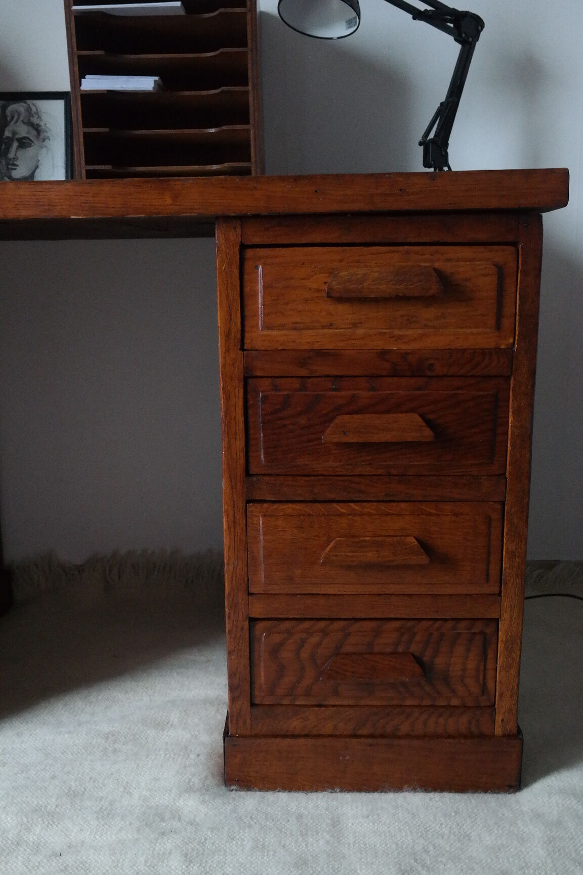 Bureau caisson d'atelier vintage en chêne