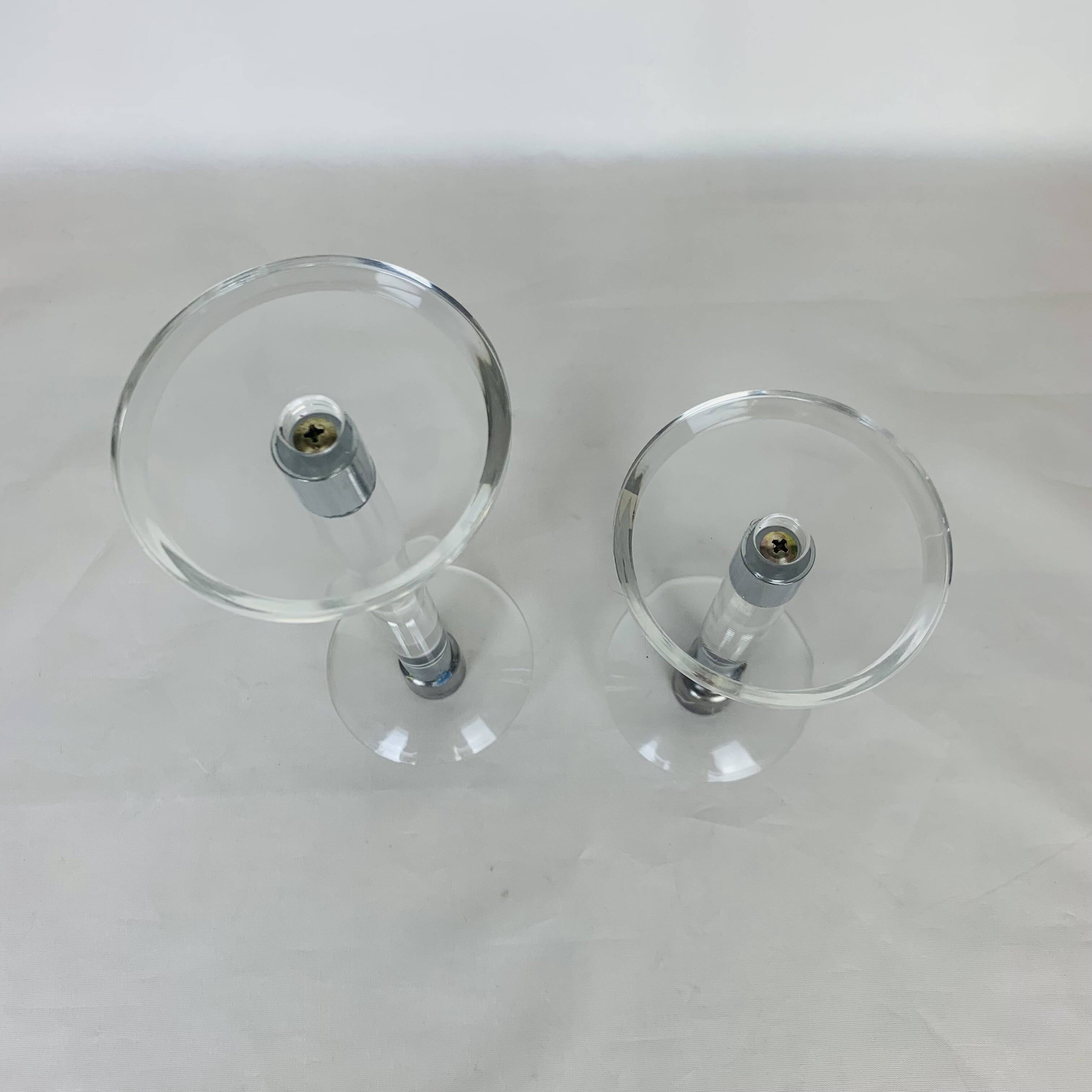 Pair of vintage plexiglass and chrome metal candlesticks