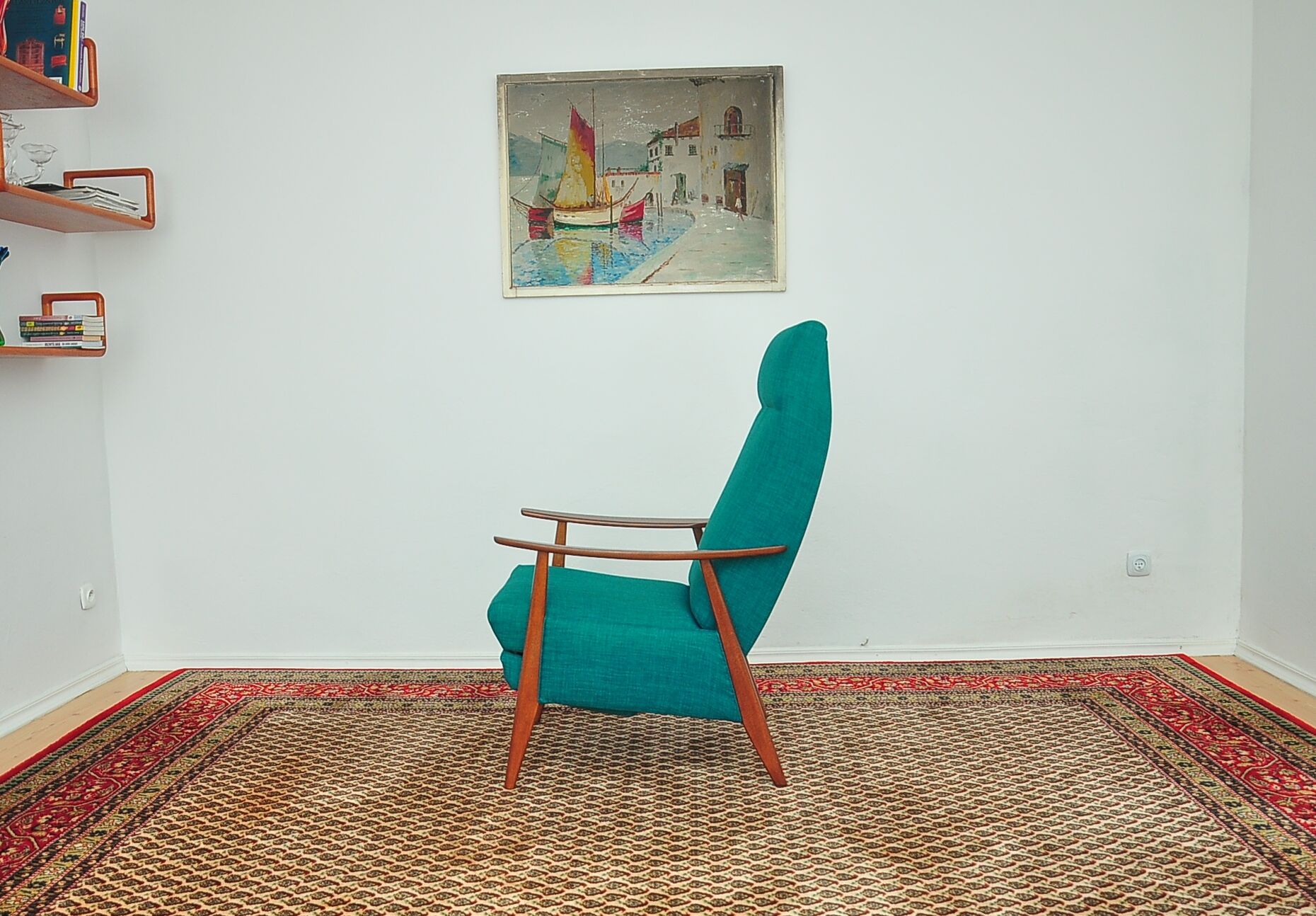 Turquoise armchair with folding footrest, 1960s