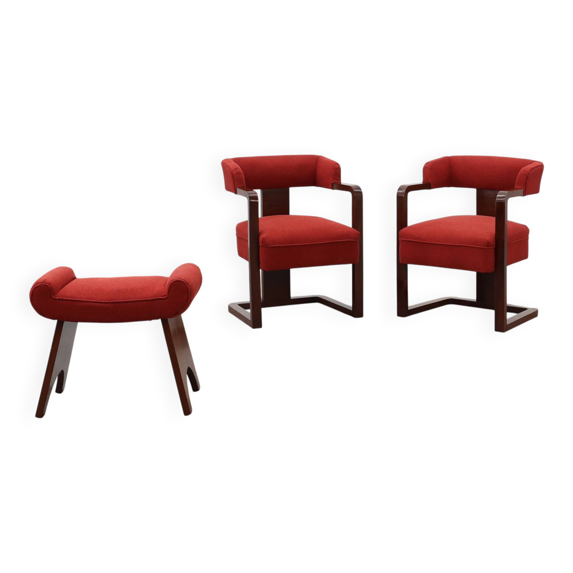 Ensemble of Two Art Deco Chairs with Matching Stool, Belgium ca. 1920