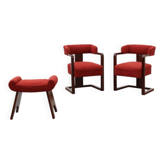 Ensemble of Two Art Deco Chairs with Matching Stool, Belgium ca. 1920